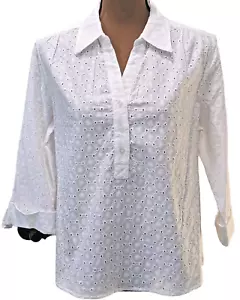 Henley Bluse Damen PL weiß Ösen Rollriegel Ärmel Pullover Coastal Preppy - Bild 1 von 9