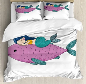 Mermaid Duvet Cover Set with Pillow Shams Baby Fish Kids Nursery Print - Picture 1 of 8