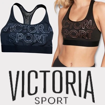 Sujetador deportivo Victoria's Secret negro plateado brillo logotipo malla espalda sin forro VS XS Foto 1 de 4