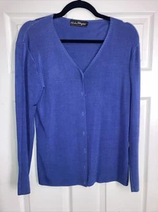 Salvatore Ferragamo Blue Silk Sweater Cardigan Buttons Women's Sz L - Picture 1 of 4