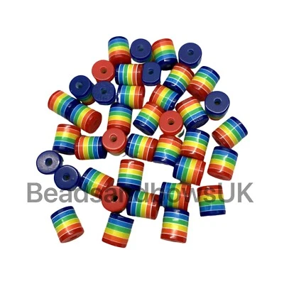 50 x Tube Cylinder beads Rainbow Stripe  9mm x 8mm Jewellery making Craft A23 - Image 1 of 2