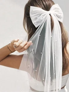 Pearls Hair Bow Large Veil White Hair Bow Barrettes Bridal Bridesmaid Gift Bache - Picture 1 of 12