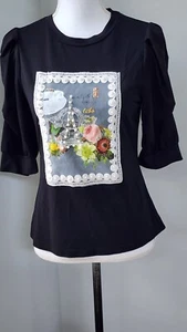 GRACIA Women Black Embroidered Puff Short Sleeve Rayon Blended Blouse sz M NEW - Picture 1 of 9