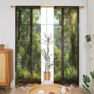 2Pcs Window Glass Forest Tree Curtains Drapes Bedroom Living Room Kitchen Door - Picture 1 of 17