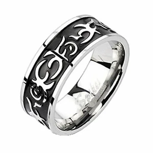 Black Tattoo Band Mens Stainless Steel Ring Sizes 9-14 Biker Jewelry Comfort Fit - Picture 1 of 5