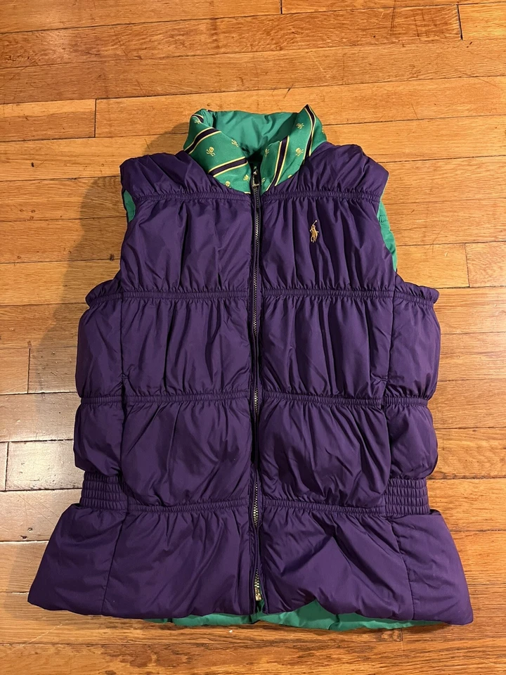 Ralph Lauren Chaleco acolchado reversible cuello calavera niño L 12/14 púrpura verde Foto 1 de 4