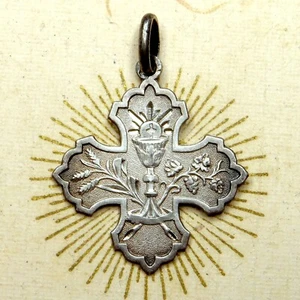 Chalice, Eucharist, First Communion. Antique Religious Silver Medal. Cross. - Picture 1 of 4