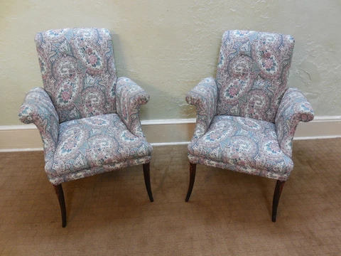 Antique 1920's Mahogany French Louis XV Style Pair Host Fire Side Arm Chairs Cover