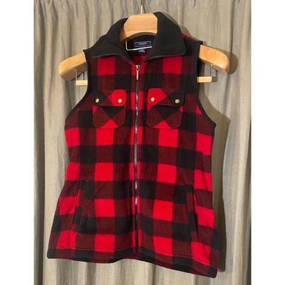 Chaps Women Red Black Buffalo Plaid Fleece Zip Vest Size Medium - Image 1 of 4