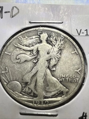1919-D Denver Walking Liberty Silver Half 50c Coin - Image 1 of 2