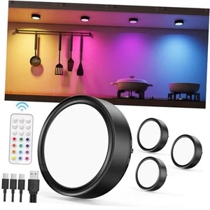 Rechargeable RGB Puck Lights with Remote, 2400mAh Battery Operated 4 Pack RGBW - Picture 1 of 7