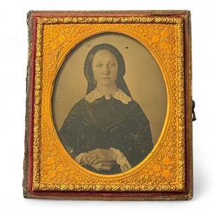 Antique Mid 1800s 6th Plate Daguerreotype Woman Cameo Brooch Lace Collar Ring - Picture 1 of 21