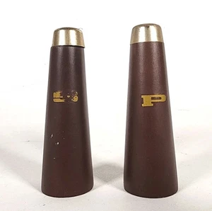 Retro Vtg Salt and Pepper Shakers Mahogany Look Wooden MCM Metal Cap S&P - Picture 1 of 6