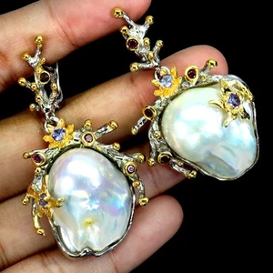 925 Sterling Silver Earrings Round Tanzanite Rhodolite Pearl Gemstone Jewelry - Picture 1 of 14