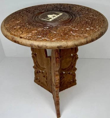 Rare Vintage India Tan Mahal Hand Carved Wood Foldable Table Ornate Inlay 13" - Image 1 of 4