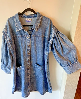 Future Collective Kahlana Barfield Brown Distressed Denim Puff Sleeve Dress 2XL - Image 1 of 4