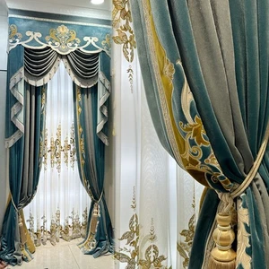 hohe Villa Samt dicke Luxus blau bestickt Gardine Volant Tüll M1736 - Bild 1 von 20