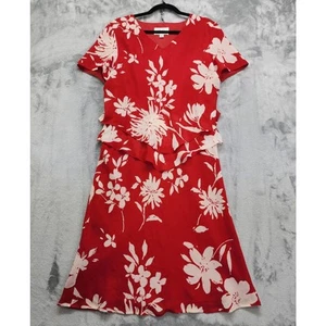 Vintage Donna Ricco Dress Womens 12 Red White Floral Short Sleeve Layered Midi - Picture 1 of 8