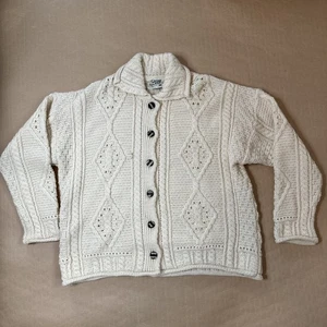 Vintage Carraig Donn Damen Aran Wolle Strickjacke Pullover M Creme Zopfmuster - Bild 1 von 9