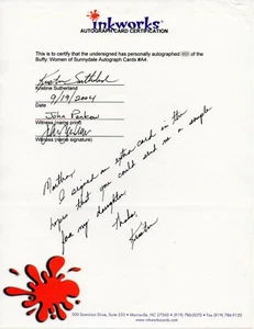 Signed Contract KRISTINE SUTHERLAND AUTO Certification Witness Buffy Inkworks - Picture 1 of 2