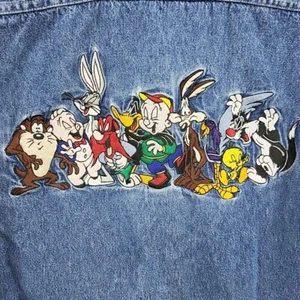 90s Looney Tunes Denim Shirt Acme Kids Sz L Long Sleeve Button-Up Rare 1993 - Picture 1 of 19