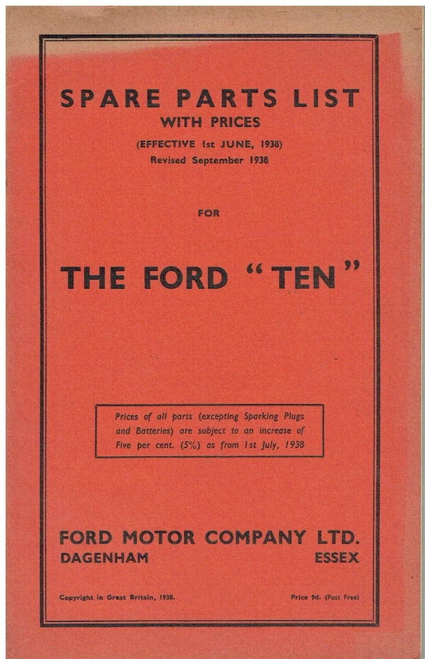 FORD TEN 10hp MODEL 7W SALOON & TOURER 1937-38 ORIGINAL FACTORY SPARE PARTS LIST - Image 1 of 1