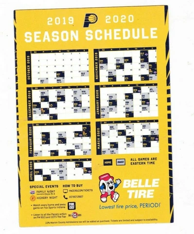 Indiana Pacers Basketball Schedule Magnet--2019-2020--Belle Tire Cover