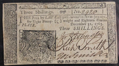 1763 CU63 New Jersey Colonial Note 3 Shillings, PMG, SN 2928 - Image 1 of 4