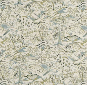 Tapicería de baño escénica asiática Chinoiserie verde azul aguamarina crema resistente a las manchas - Imagen 1 de 6