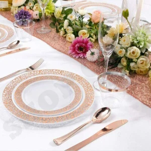 200 Pcs Gold/Rose Gold Plastic Plates Silverware Cups Disposable Wedding Party - Picture 1 of 8