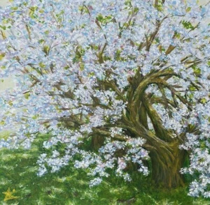 Blühende Bäume Landschaft,Kirschgarten Sakura Originalgemälde auf Leinwand 12x12 - Bild 1 von 10