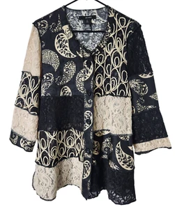 Ali Miles Womens M Top Art To Wear Shirt Button Up Patchwork Paisley Black Beige - Picture 1 of 4