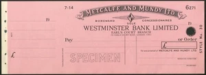 Westminster Bank Ltd., special cheque for Metcalfe and Mundy Ltd., 1950s - Picture 1 of 1