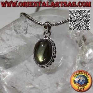 Ciondolo in argento 925 labradorite ovale cabochon contornato da intreccio e pal - Foto 1 di 7