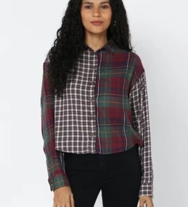 American Eagle Red Green Plaid Cropped Long Sleeve Flannel Spliced Grunge Sz XS - Picture 1 of 11