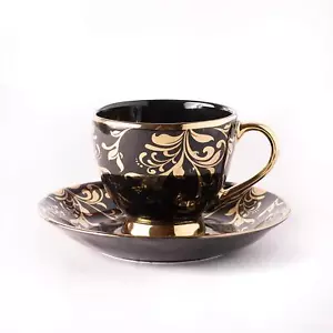 Fine Bone China Black Gold Tea Cups & Saucers- Set of 2 ( 180Ml) - Picture 1 of 4