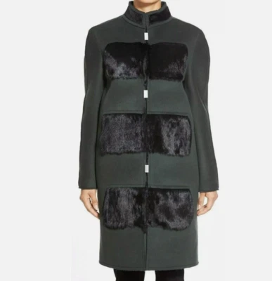 Abrigo Elie Tahari Hilary Verde Negro Lana Genuina Piel de Conejo Paneles Talla S/P, $380 Foto 1 de 4