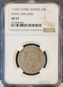 1765 AUSTRIA SILVER 20 KREUZER 20K FRANZ I KM-2030 NGC AU 53 TOP POP - Picture 1 of 3