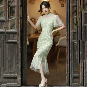 Damen Blumenmuster Fischschwanz schmale Passform Kleid chinesische Spitze Cheongsam Qipao Freizeit Vintage - Bild 1 von 12