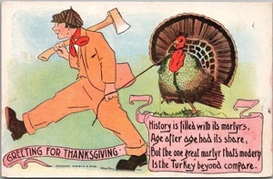 1908 H.M. ROSE Holiday Postcard GREETING FOR THANKSGIVING Turkey & Man with Axe - Picture 1 of 2