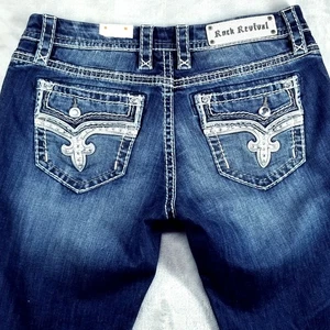 Rock Revival Letbury Straight Jeans 31x30 Embellished Flap Pockets Contrast NWOT - Picture 1 of 23