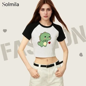 Summer Short Sleeve Women Tops Slim Korean Dinosaur Print Tight Comfor To Wear - Picture 1 of 16