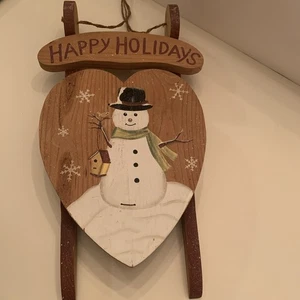 handbemalter HERZFÖRMIGER SCHLITTEN SCHLITTEN "Happy Holidays" "Willkommen" SCHNEEMANN 18" lang - Bild 1 von 7