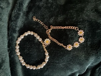 Stretch Bracelet Set Of 2, faux Pearl & Daisy Beads,Gold Tone Chain1.5+diameter - Image 1 of 2