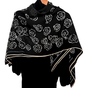 51"x51"Black Camellia Print 70%Wool30%Silk Thin Double-sided Scarf 130x130cm5155 - Picture 1 of 6