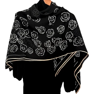 51"x51"Black Camellia Print 70%Wool30%Silk Thin Double-sided Scarf 130x130cm5155 - Image 1 of 4
