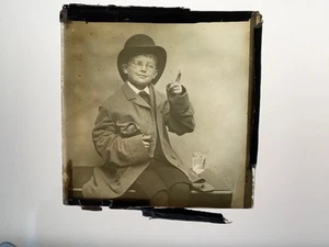 MAGIC LANTERN SLIDE YOUNG LAD DRESSED AS A TOFF TOP HAT CIGAR - Picture 1 of 1