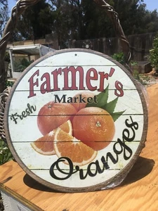 Farmers Market Fresh Oranges Round Sign Tin Vintage Garage Bar Decor Old Rustic - Picture 1 of 1