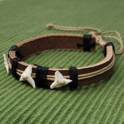  Real Shark Tooth Bracelet Brown Leather Bracelet Shark Teeth Bracelet Shark  - Image 1 of 4