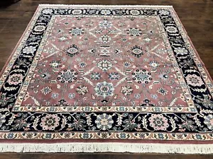 Indo Perisan Square Rug 8x8 ft Pink Navy Blue Handmade Vintage Wool Carpet - Picture 1 of 12